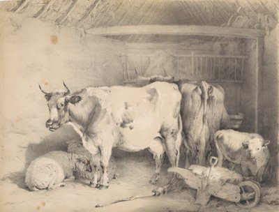 Får og kvæg i en lade af Thomas Sidney Cooper