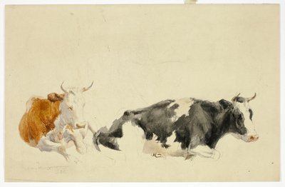 To liggende køer (recto); Skitse af stående ko (verso) af Thomas Sidney Cooper