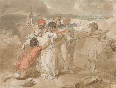 En kvinde reddet fra havet og assisteret i land, robåd og redningsfolk i baggrunden af Thomas Stothard