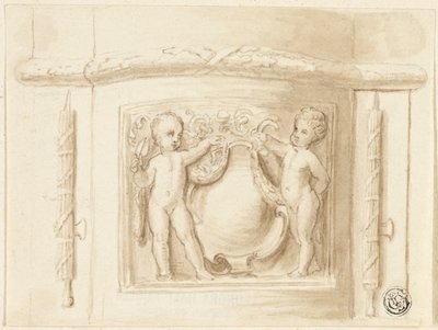 Base af pilaster med relief, med 2 putti, skjold af Thomas Stothard
