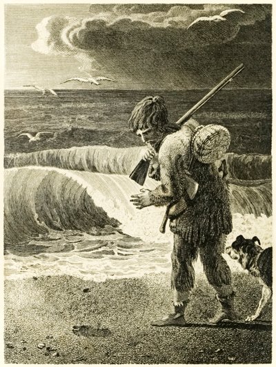 "Robinson Crusoe opdager aftrykket af en mands fod" fra "Robinson Crusoes liv og mærkelige og overraskende eventyr, eller York, Mariner" af Daniel Defoe af Thomas Stothard