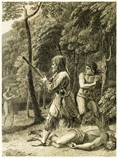 ?Robinson Crusoe ser og redder først sin mand Friday? fra ?The Life and Strange Surprising Adventures of Robinson Crusoe, or York, Mariner? af Daniel Defoe af Thomas Stothard