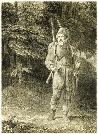 "Robinson Crusoe på jagt" fra "Robinson Crusoes liv og mærkelige og overraskende eventyr, eller York, Mariner" af Daniel Defoe af Thomas Stothard