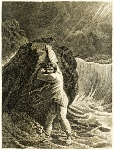Robinson Crusoe, skibbrudne og klamrer sig til en klippe" fra "Robinson Crusoe, eller York, Marinerens liv og mærkelige og overraskende eventyr" af Daniel Defoe af Thomas Stothard