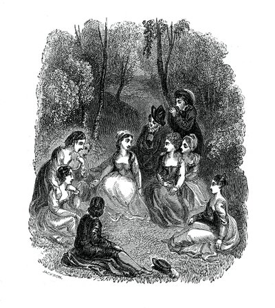 Scene fra introduktionen til The Decameron af Giovanni Boccaccio, 1833. af Thomas Stothard