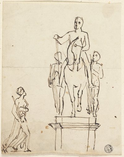 Skulptur af rytter ledsaget af to stående figurer, med skitse af en af de sidste af Thomas Stothard