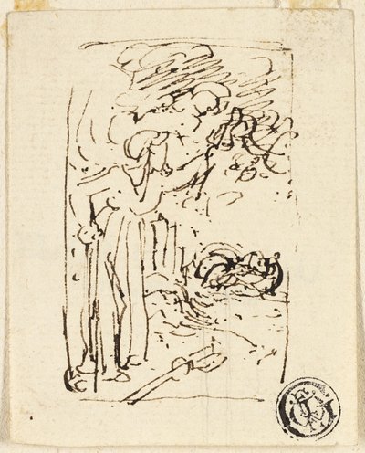 Skitse af figur lænet på stok af Thomas Stothard