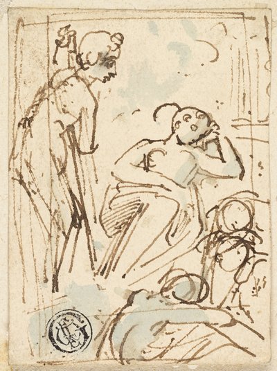Skitse af mand, der læner sig op ad personalet, ser på sovende kvinde af Thomas Stothard