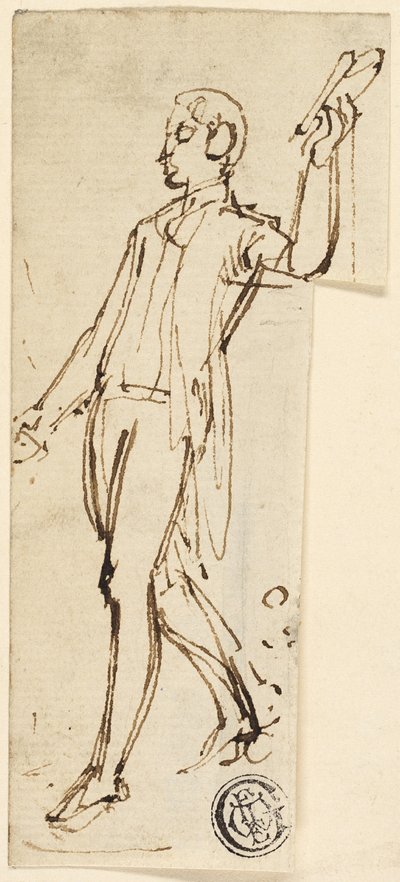 Skitse af stående mand med løftet arm af Thomas Stothard