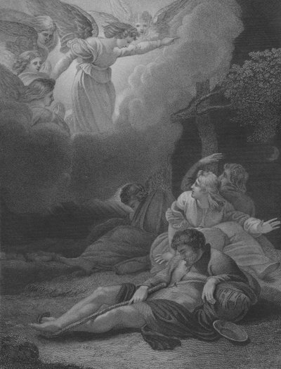 Englene viser sig for hyrderne, Lukas 2, vers 8-21 af Thomas Stothard