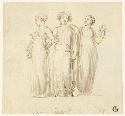 Tre muser (rekto); Studie af ridder og munk til en illustration i en gotisk roman (verso) af Thomas Stothard
