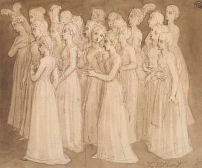 Tyve unge piger i en gruppe, der går til venstre af Thomas Stothard