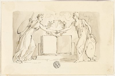 To allegoriske kvindefigurer, der slår hænderne foran bogen af Thomas Stothard