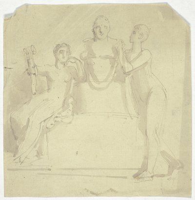 To kvindefigurer med buste af Thomas Stothard