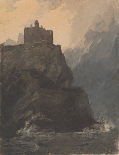 Slot på klippen med et stormfuldt hav og skibsvrag ved klippens base af Thomas Sully