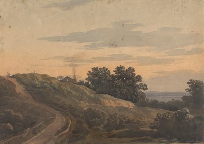 Bakket landskab med hus, sti og figurer af Thomas Sully