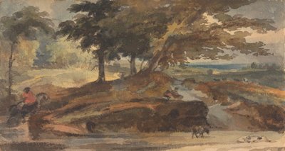 Landskab med knold med træer, figur til hest af Thomas Sully