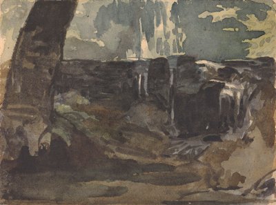 Klippelandskab, stor træstamme i forgrunden af Thomas Sully