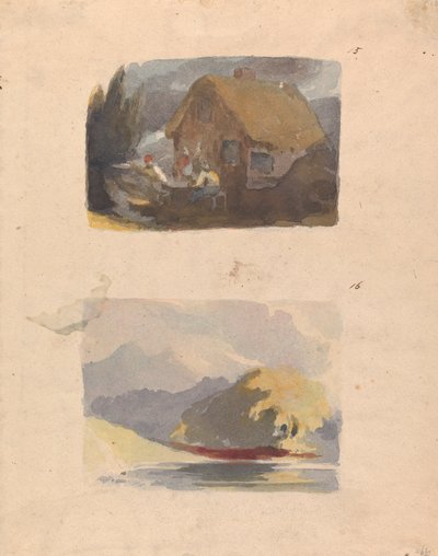 To Tegninger paa ét Ark: Sommerhus med Figurer foran (nr. 15); Landskab med flod og bjerge - solskin (nr. 16) af Thomas Sully