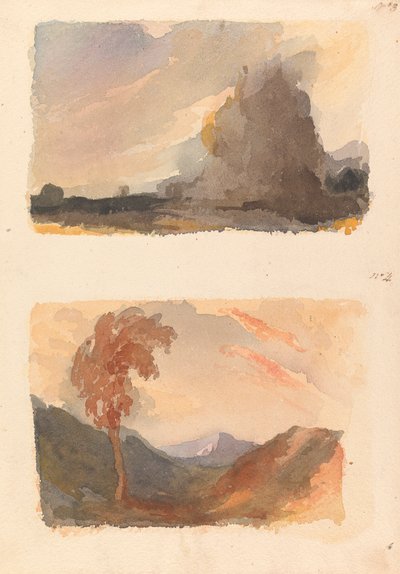 To tegninger på ét ark: Landskab med stor klint i forgrunden - Cuyps princip (nr. 3); Landskab med træ i forgrunden, bjerge i afstand - begges princip (nr. 4) af Thomas Sully