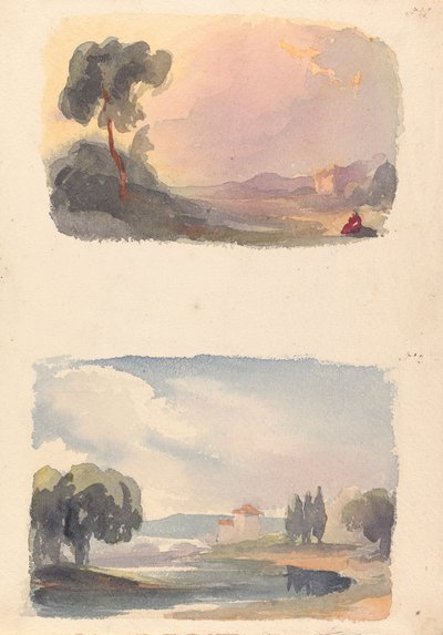 To tegninger på ét ark: Landskab med bjerge i afstand og siddende figurer i forgrunden (nr. 1); Landskab med flod og bygning, bjerge i afstand (nr. 2) af Thomas Sully