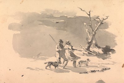 To jægere og to hunde i vinterscene af Thomas Sully