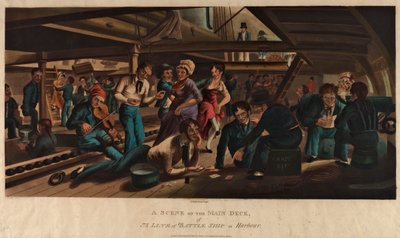 En scene på hoveddækket af et krigsskib i havnen af Thomas Sutherland