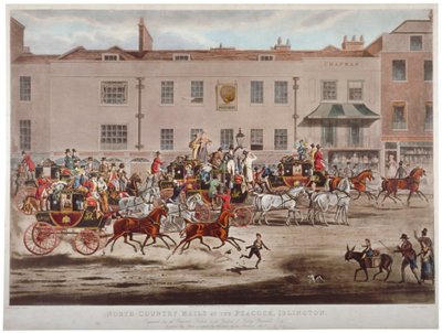 Postvogne foran Peacock Inn på Islington High Street, London, 1823. af Thomas Sutherland