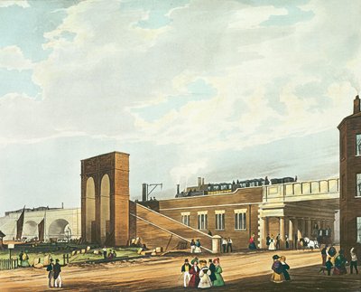 Indgang til Manchester Across Water Street, indgraveret af Henry Pyall (1795-1833) udgivet af Ackermann und Co., 1831 (farvet akvatint) af Thomas Talbot Bury