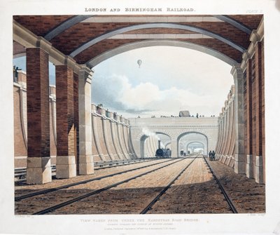 Udsigt fra under Hampstead Road Bridge, med udsigt mod stationen ved Euston Square, 1837 (håndkoloreret gravering) af Thomas Talbot Bury