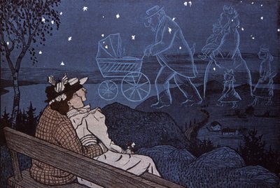 Par ude i det fri, ser på deres fremtid i stjernerne: børn, familie. Illustration af Th.Th. Heine i: Simplicissimus, Tyskland af Thomas Theodor Heine