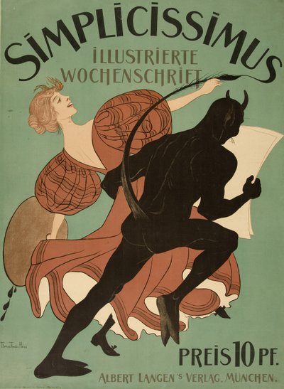 Forside fra "Simplicissimus Illustrated Weekly", pub. 1896 (farve litho) af Thomas Theodor Heine