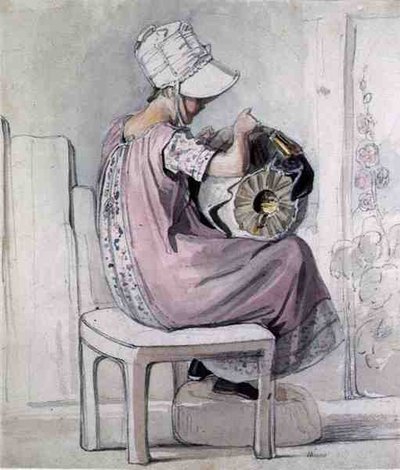 A Girl Lacemaking (akvarel og blyant på papir) af Thomas Unwins