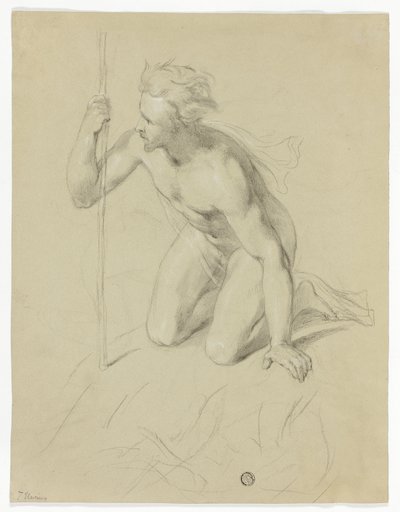 Knælende nøgen mand med stav i hånden (recto); alpepanorama (verso) af Thomas Uwins