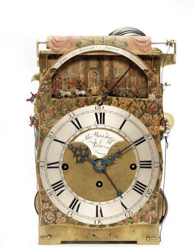 Detalje af et George III grønt og forgyldt japansk bordur med musikautomater forestillende Lord Mayor