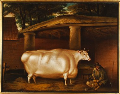 Den hvide kvie, der rejste, med en mand, der skærer majroer i en staldgård, 1811 af Thomas Weaver