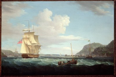 En britisk fregat med en langbåd ud for Headland of Gallows Hill, Broad Bay, Isle of Lewis, Hebriderne af Thomas Whitcombe