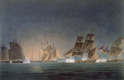 HMS Rinaldo engagerer fire franske kapere, indgraveret af J. Bailey for 