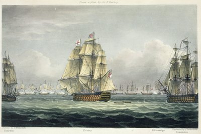 HMS Victory sejler mod den franske linje flankeret af Euryalus og HMS Temeraire i slaget ved Trafalgar, 21. oktober 1805, graveret af T. Sutherland til "The Naval Chronology of Great Britain". af Thomas Whitcombe