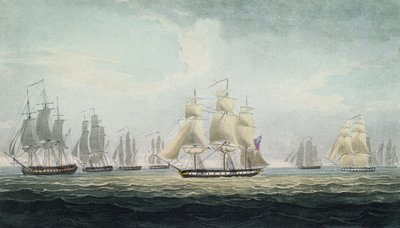 Sir Graham Moores (1764-1843) flådemanøvre, chef for eskadren af fire fregatter i den britiske Royal Navy, som erobrede en spansk skatteflåde ud for Cadiz i Spanien den 5. oktober. af Thomas Whitcombe