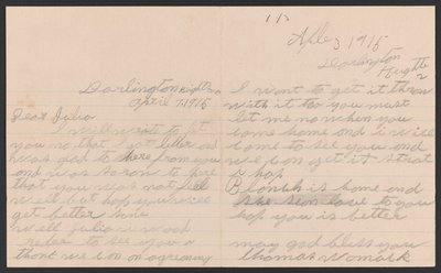 Brev fra Thomas Womack til Julia Womack med konvolut, 7. april 1915. af Thomas Womack