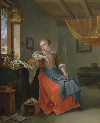 En siddende kvinde i et indre stirrer ud af vinduet af Thomas Wyck