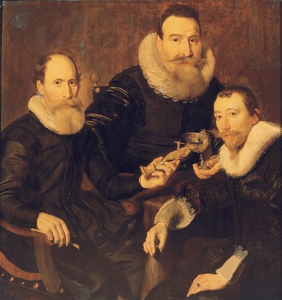 Gruppeportræt af tre herrer, trekvart længde, siddende i sorte kostumer med blondekraver, 1635 af Thomas de Keyser