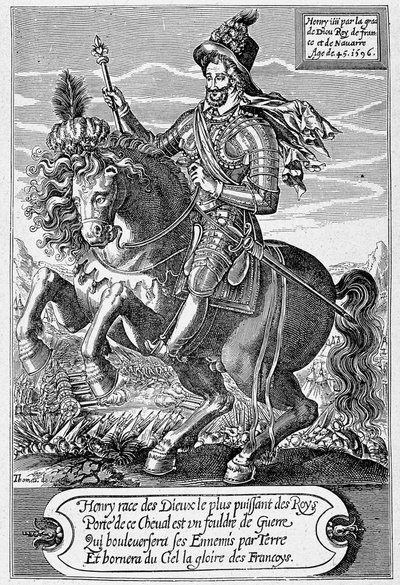 Portræt af Henrik IV (1553 - 1610) (en hest) 45 år, indgraveret af Thomas de Leu. af Thomas de Leu