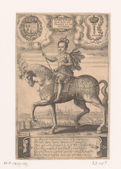 Portræt af Ludvig XIII til hest, med udsigt over Paris i baggrunden af Thomas de Leu