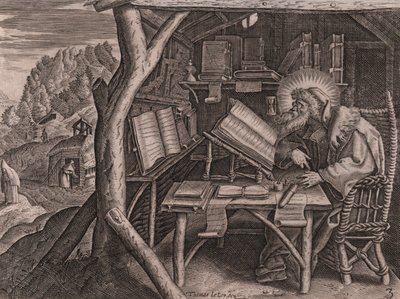 Sankt Evagrius Ponticus fordybet i sine studier, radering og gravering af Thomas de Lieu (1560-1612) af Thomas de Leu