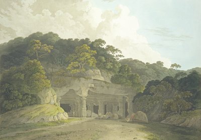 Indgangen til Elephanta-grotten, billede 58 fra "Oriental Scenery: Twenty Four Views in Hindoostan", udgivet i 1800 af Thomas und William Daniell