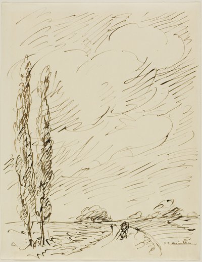 Tramp på en vej med to poppeltræer af Théophile Alexandre Pierre Steinlen