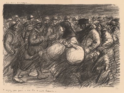Krigsskitser: De to processioner (Sketches de guerre: Les deux cortèges - "Ayez pas peur - on les a - et bien!") af Théophile Alexandre Steinlen