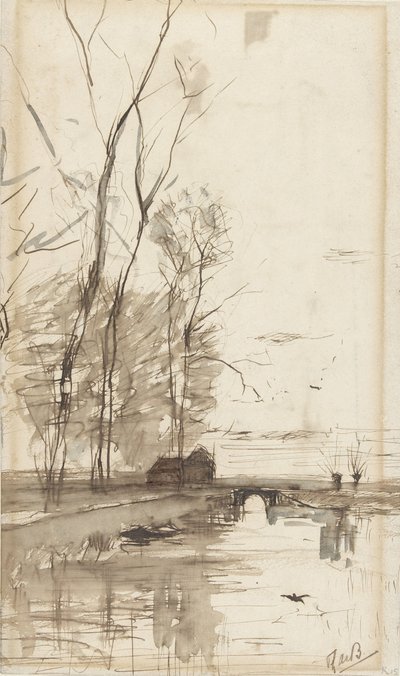 Kanaludsigt med høje træer, en gård og en bro af Théophile de Bock (possibly)